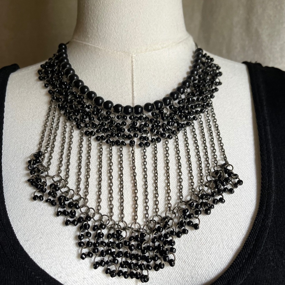 Black Beaded Draped Bib Fringe Statement Necklace 18"‎